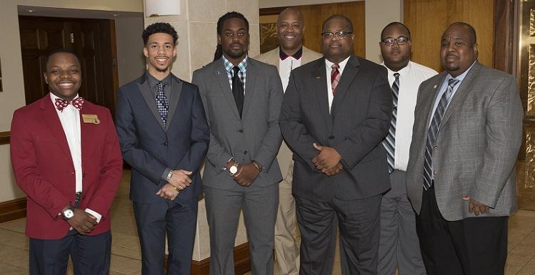 University of South Alabama Collegiate 100 members gather with their mentors from the 100 Black Men of Mobile Inc. From left are Dr. Andre Green, mentor and associate dean in the College of Education; Broderick Morrissette; Marlon Jones; Collegiate 100 mentor and adviser Dr. Michael Mitchell, vice president for Student Affairs and dean of students; Jerod Coleman; Derek Pickett and JuWan Robinson.