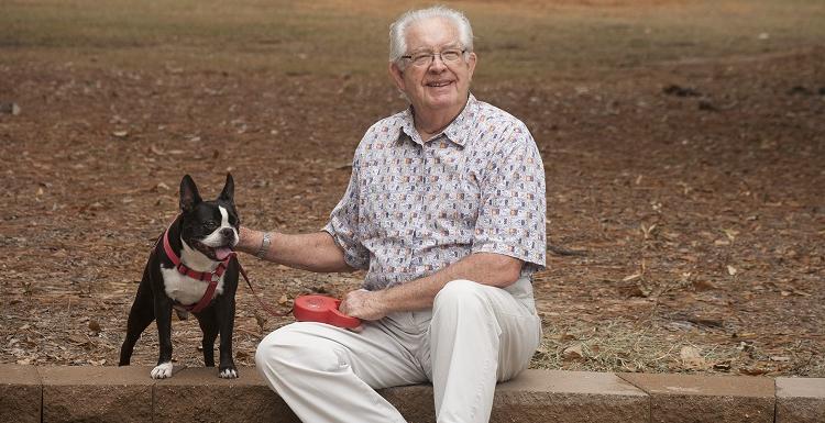Retired in 1998, Dr. Robert Barrow remains a familiar face around campus, where he takes a daily walk with his wife, Margot; daughter, Audrey; and Bucky the Boston terrier.